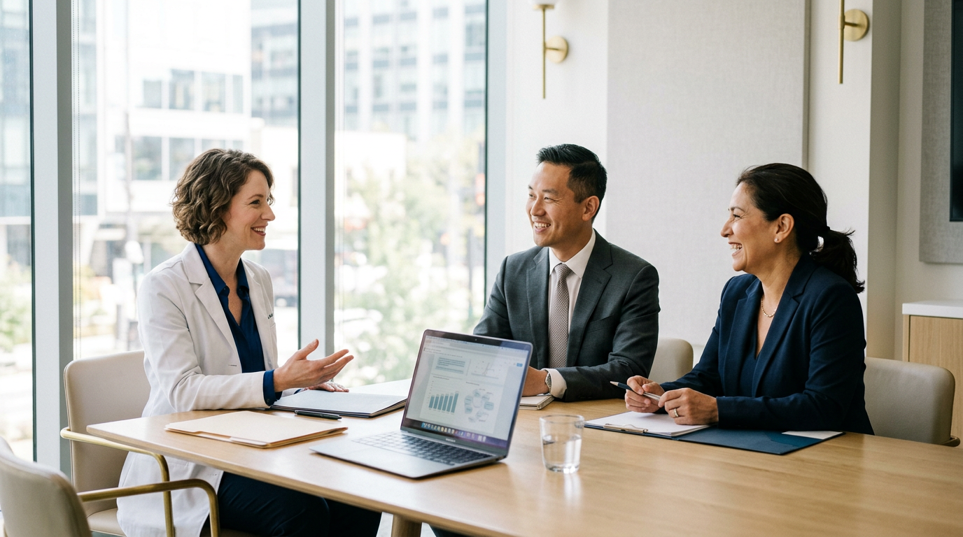 Dermatologist, business consultant, and practice owner in conversation around a conference table