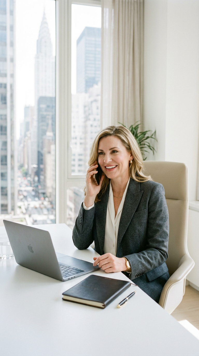 Healthcare business advisor on a call at a desk in a bright New York office