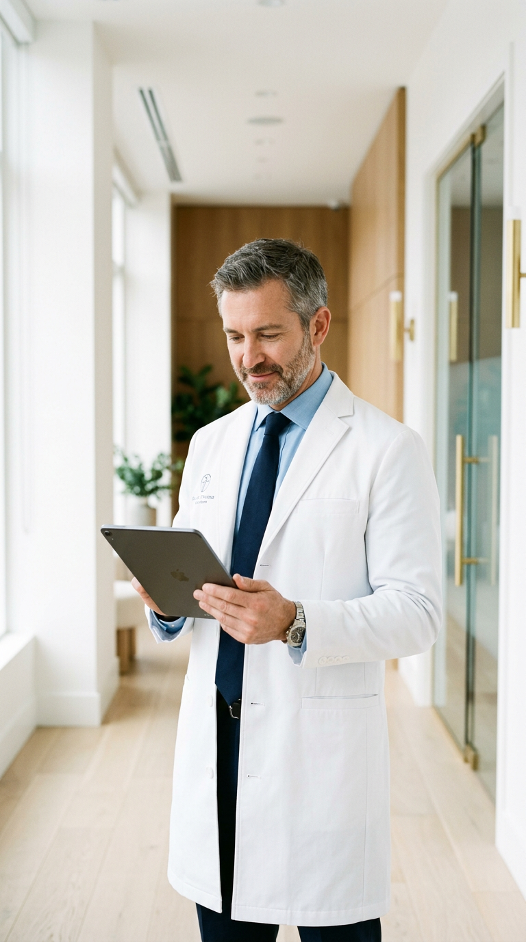 Plastic surgeon in a white coat reviewing information on a tablet in a bright clinic