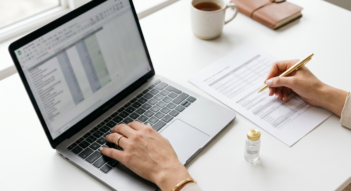 Consultant reviewing a sourcing comparison on a laptop and printed sheet beside a pharmaceutical vial