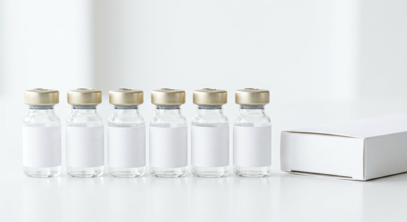 Pharmaceutical vials with gold caps and a white medication carton arranged on a clean clinical surface